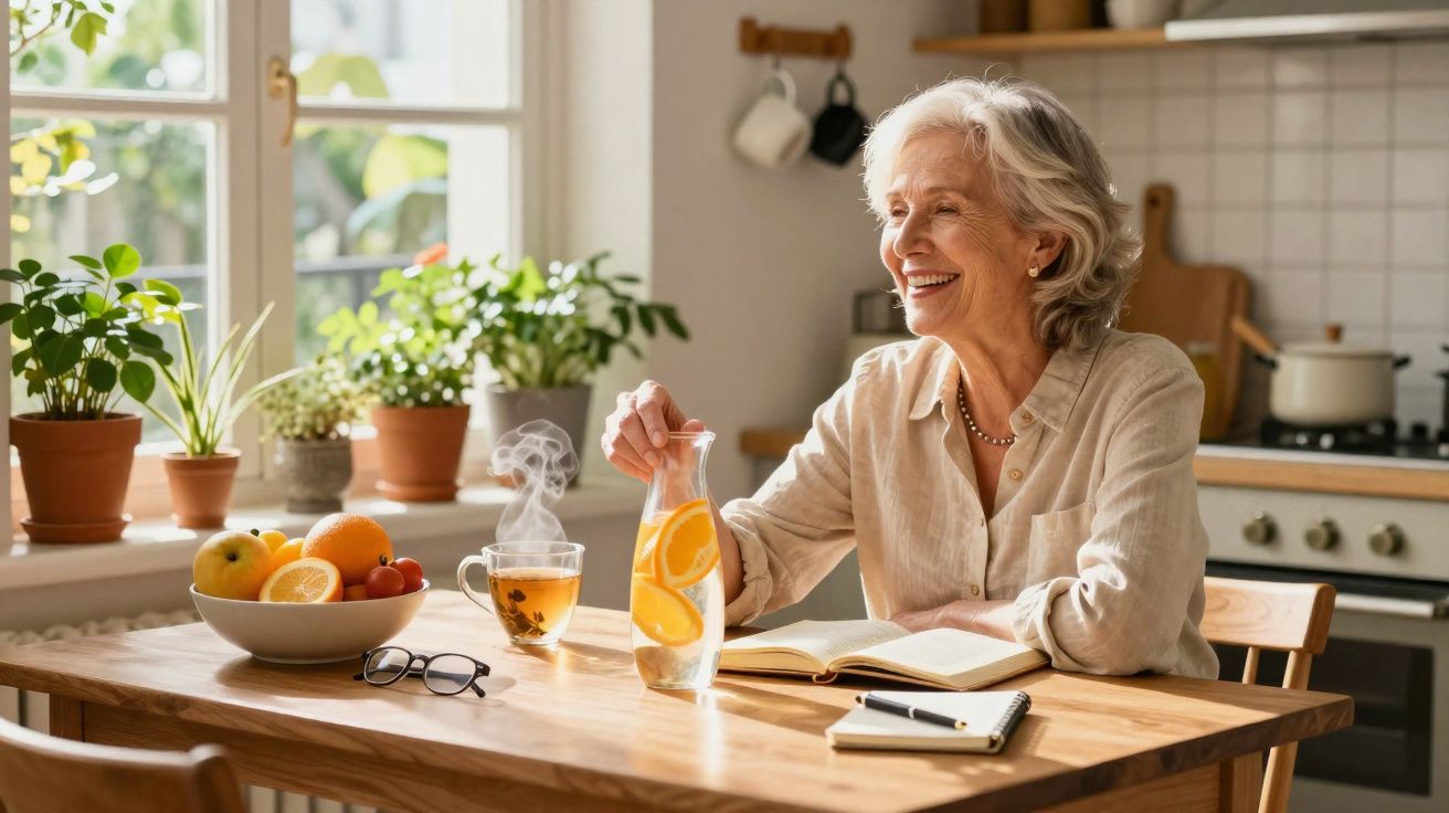 Mulher idosa sorrindo sentada à mesa de madeira com frutas, chá e jarra de água com laranja.
