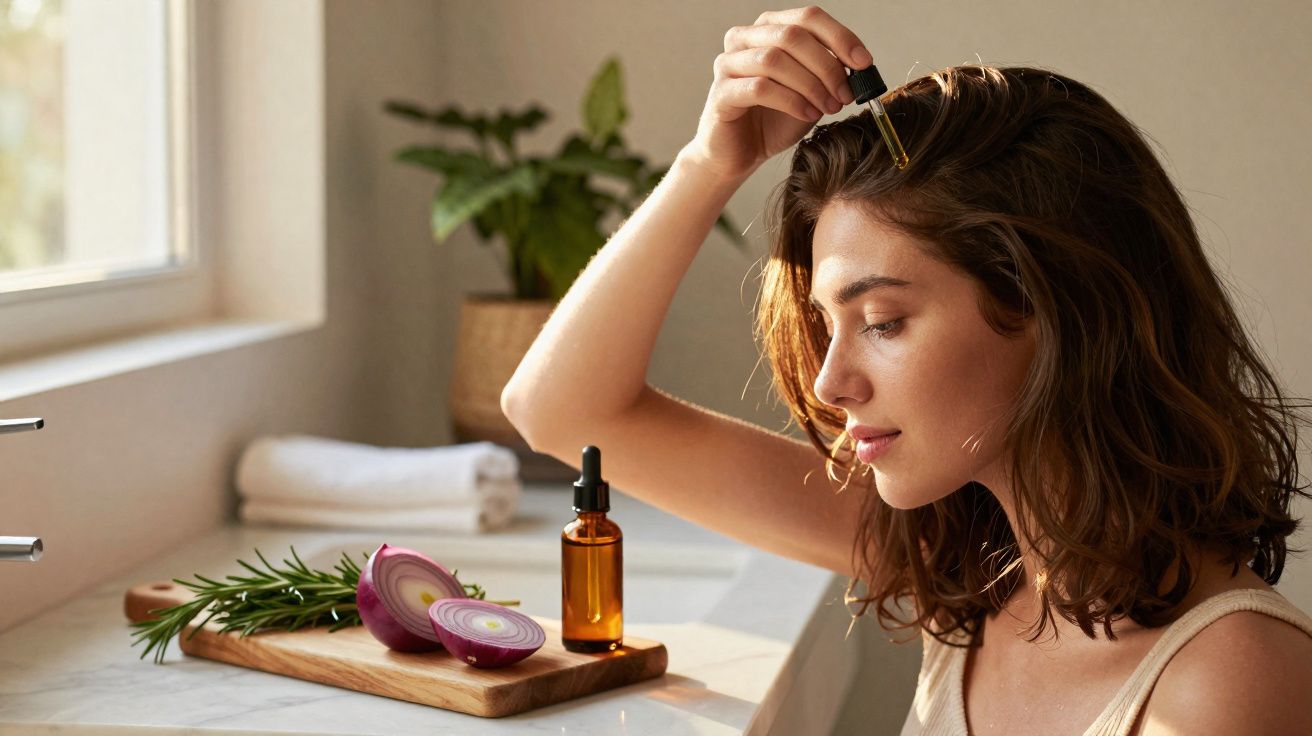 Mulher aplicando óleo capilar com conta-gotas ao lado de cebolas roxas e alecrim em tábua de madeira.