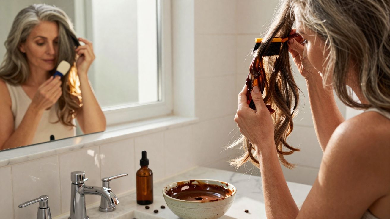 Mulher grisalha aplicando henna no cabelo no banheiro em frente ao espelho, com tigela e frasco ao lado.