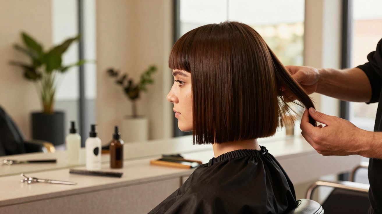 Mulher com cabelo curto e liso sendo estilizado por cabeleireiro em salão moderno.
