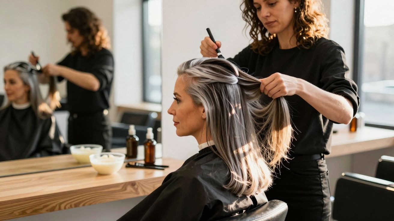 Profissional penteando cabelo de mulher loira em salão de beleza moderno e iluminado.
