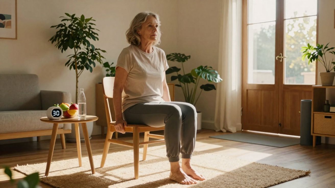 Mulher idosa fazendo exercício sentado em cadeira em sala iluminada com plantas e relógio digital na mesa ao lado.