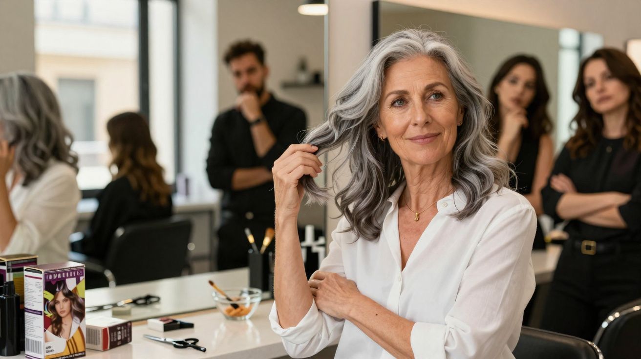 Mulher madura grisalha satisfeita no salão de beleza, com cabeleireiros e clientes ao fundo.