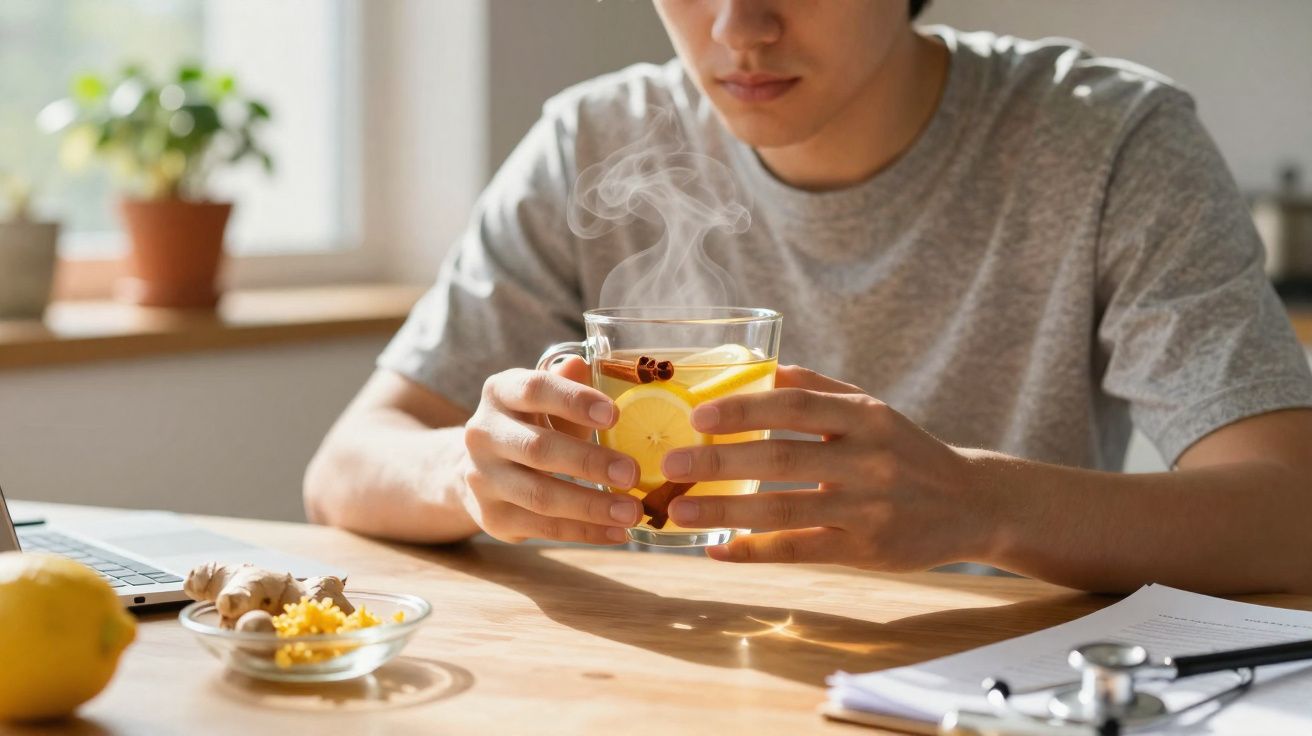Pessoa segurando xícara de chá com fatias de limão e especiarias quentes em mesa com gengibre e laptop.
