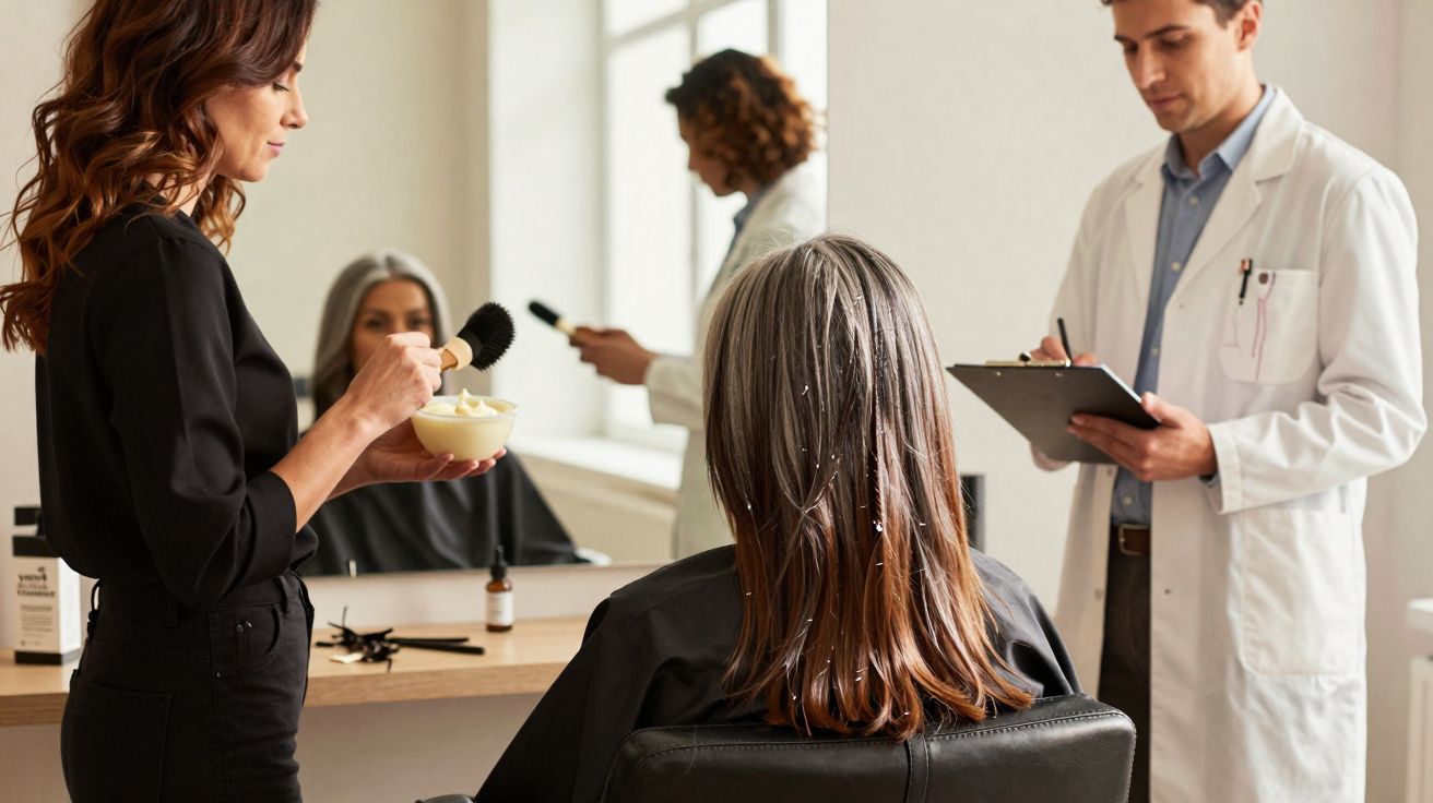 Cliente com cabelo cinza recebendo tratamento capilar em salão com profissionais e médico observando e anotando.