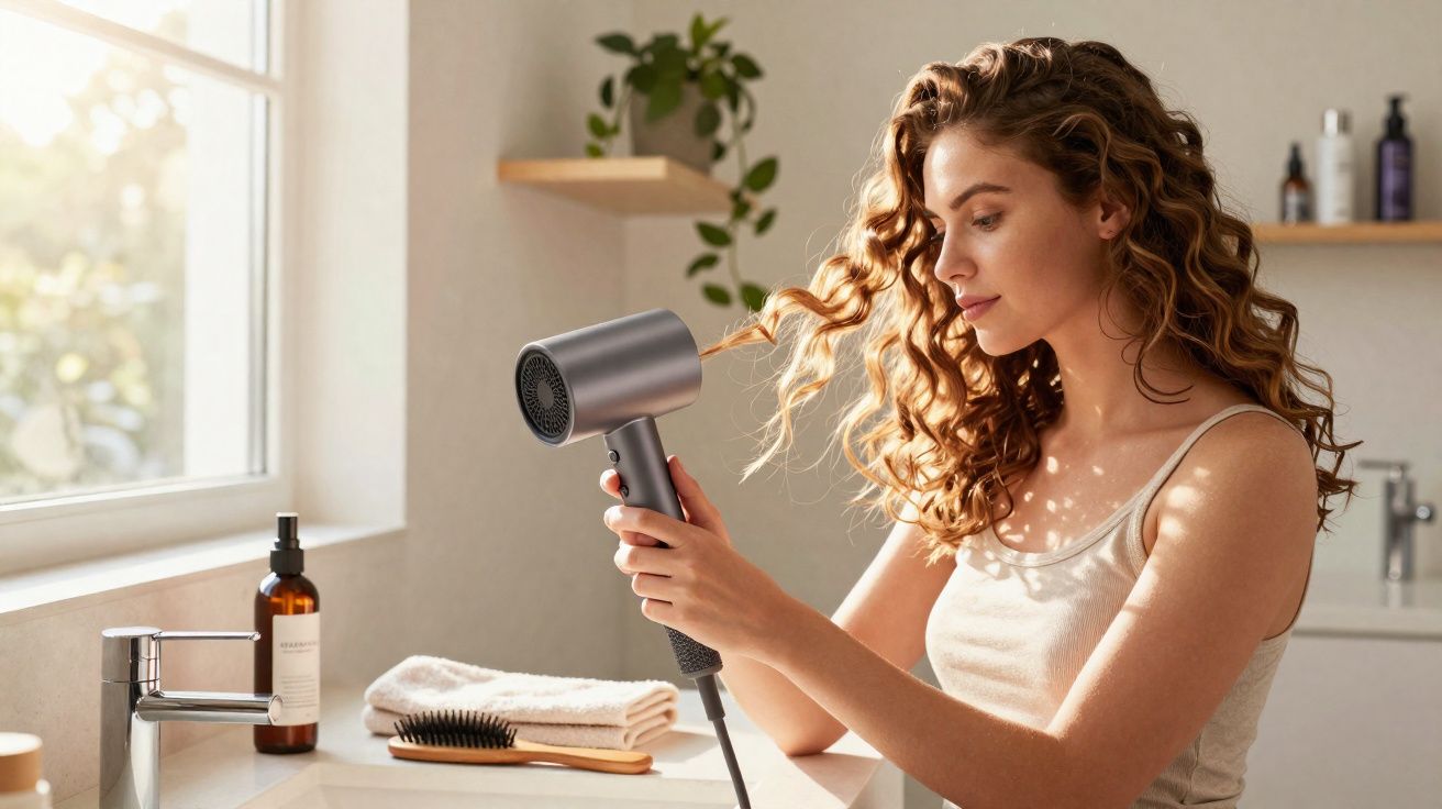 Mulher secando cabelos cacheados com secador em banheiro iluminado por luz natural.