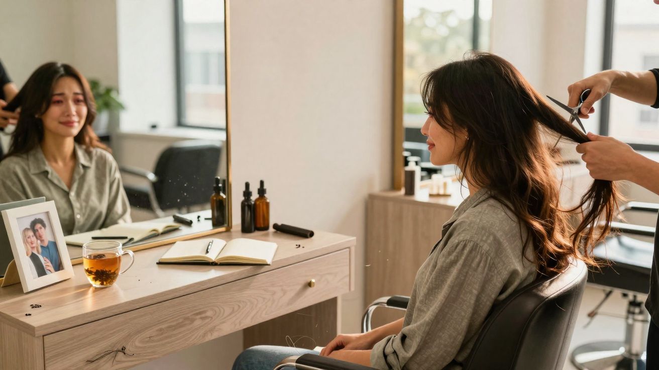 Mulher sentada em salão de beleza fazendo corte de cabelo, com expressão emocionada olhando no espelho.
