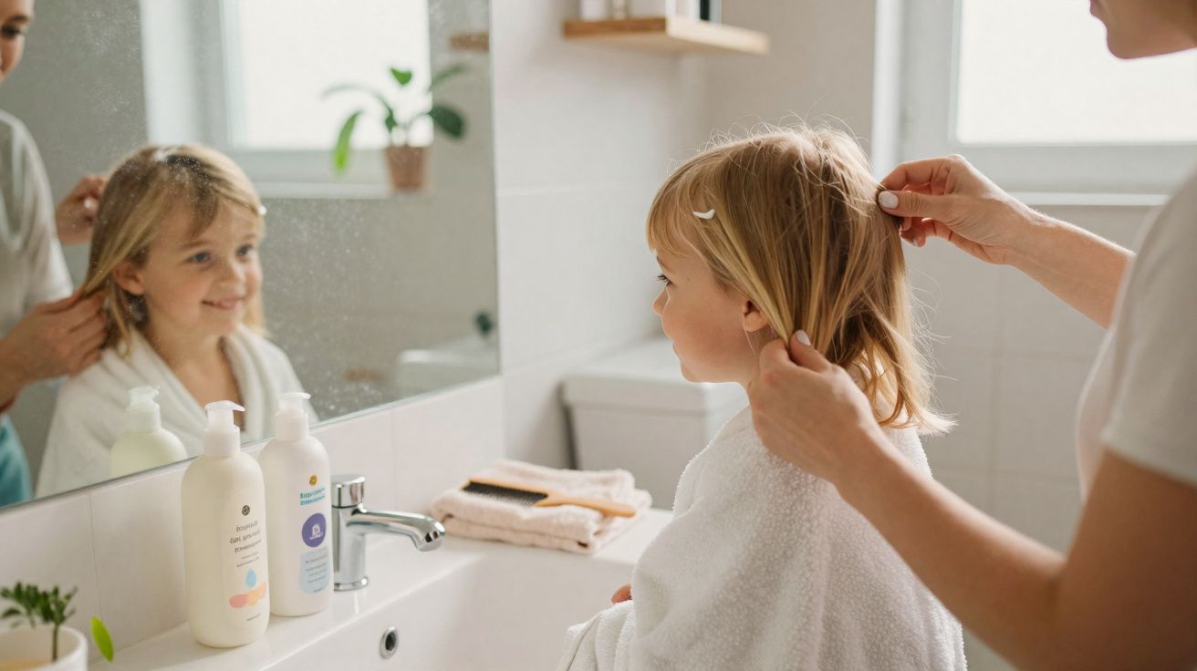 Adulto arrumando o cabelo de criança perto da pia do banheiro com toalha branca.