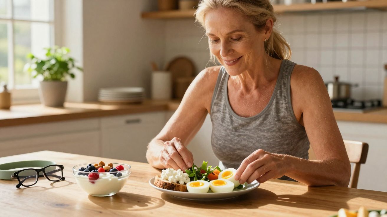 Mulher sorridente preparando prato com ovos cozidos, pão com ricota e salada em cozinha iluminada.