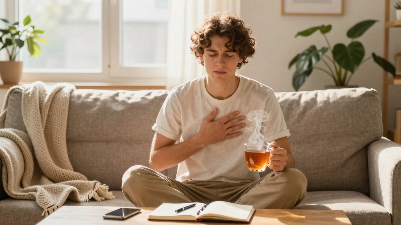 Jovem sentado no sofá com chá quente na mão, segurando o peito e com olhos fechados, aparentando dor.