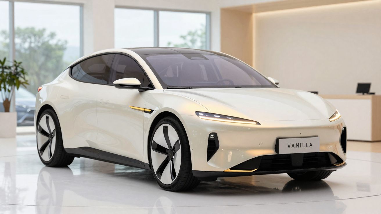 Carro elétrico branco com design moderno exposto em ambiente interno claro e minimalista.