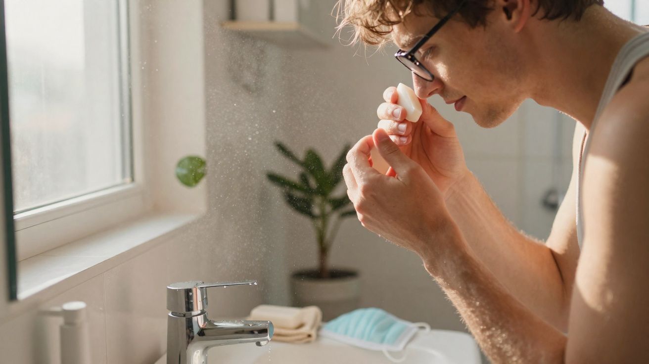 Homem usando óculos aplica colírio no olho em banheiro iluminado por luz natural.
