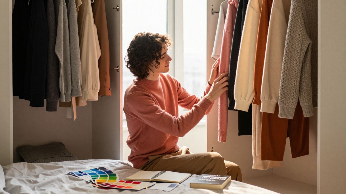 Pessoa sentada no chão ao lado de um guarda-roupa aberto, examinando roupas penduradas por luz natural.