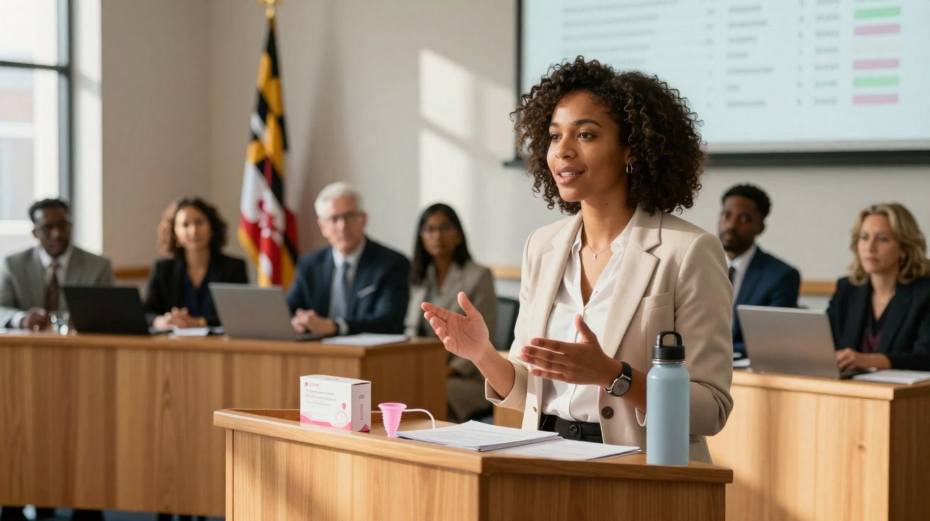 Mulher negra palestrante fazendo apresentação em tribunal com seis pessoas sentadas ao fundo.
