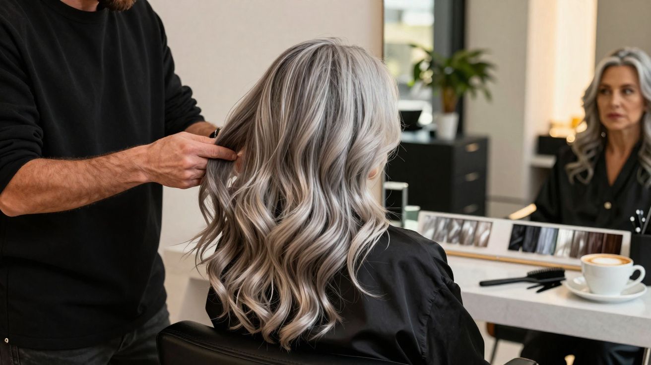Cabeleireiro arrumando cabelo loiro ondulado de mulher em salão moderno com xícara de café na bancada.