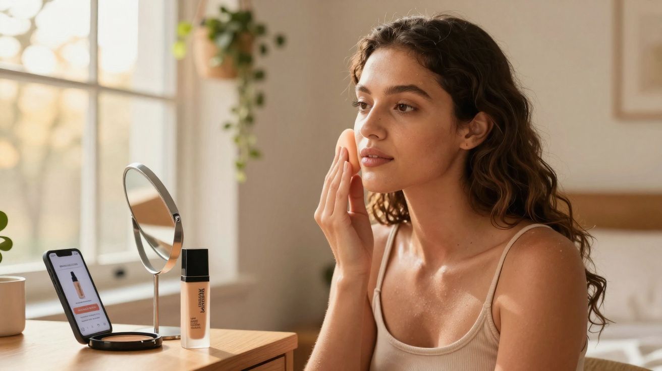 Mulher aplicando base no rosto usando esponja, sentada em mesa com espelho e produtos de maquiagem.