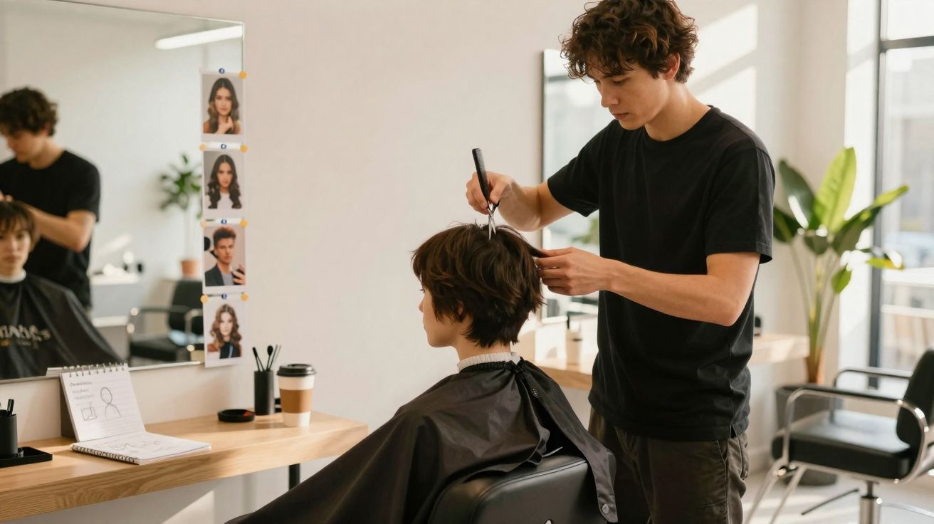 Cabeleireiro cortando cabelo curto de cliente em salão moderno com luz natural e espelho grande.