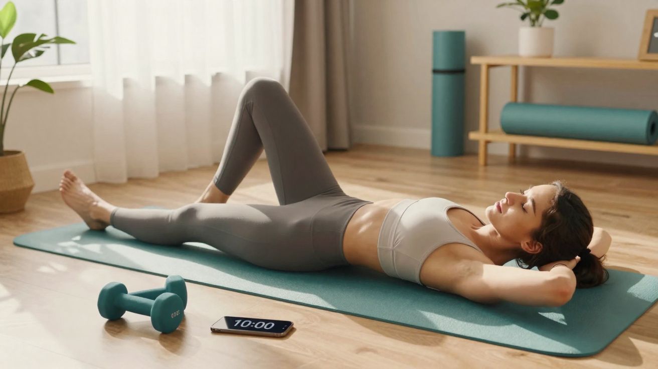 Mulher jovem fazendo exercícios abdominais em tapete de yoga em ambiente claro com halteres e celular.