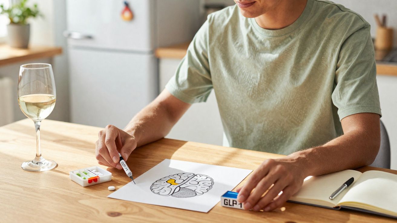 Pessoa sentada à mesa desenhando cérebro com marca-passo e comprimido, ao lado taça de vinho branco.