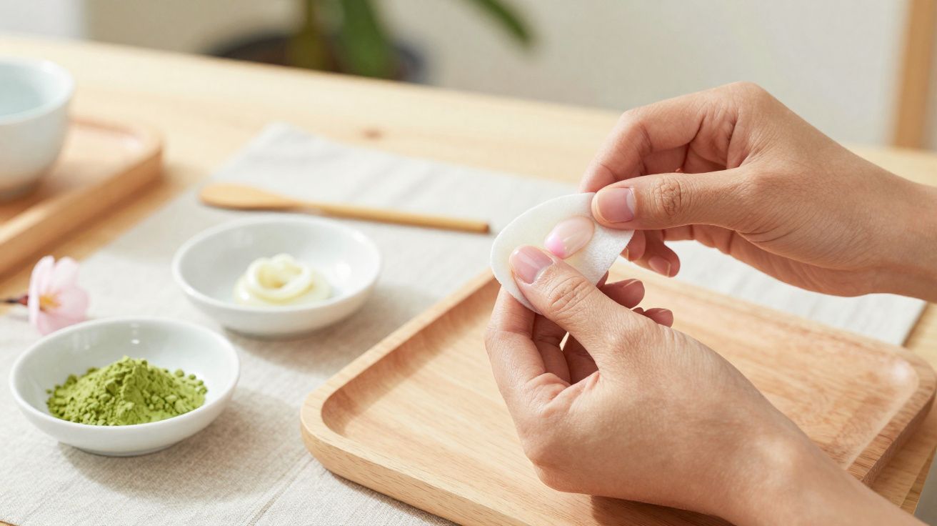 Mãos segurando discos de algodão próximos a potes com creme e pó verde sobre toalha clara.