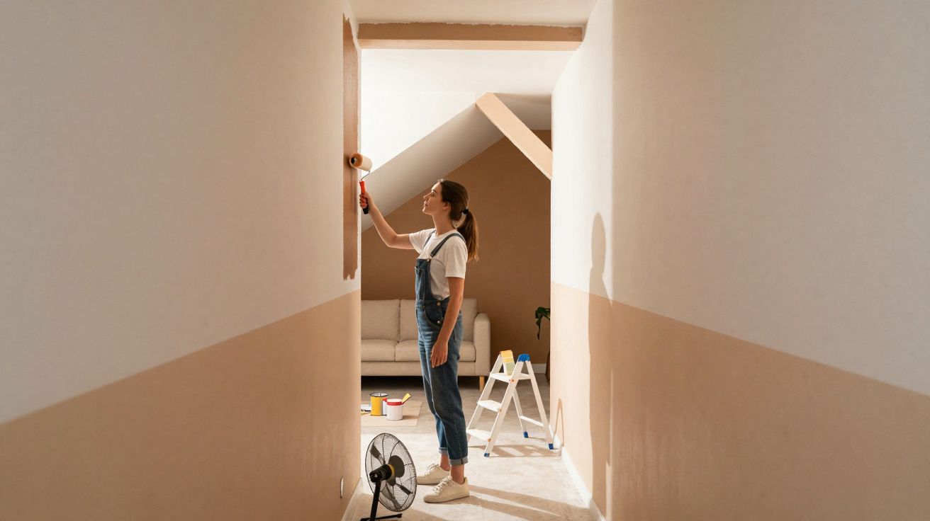 Mulher em macacão pintando parede com rolo em sala com escada, ventilador e sofá ao fundo.