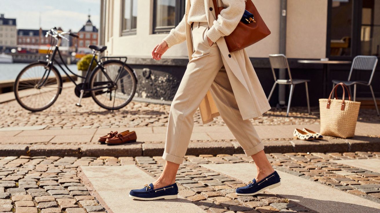 Pessoa caminhando em calçada de pedra com roupa bege, sapatos azul marinho e bolsa marrom.