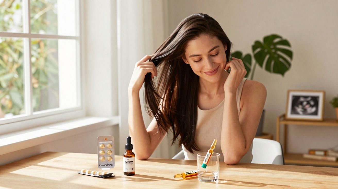 Mulher sentada à mesa tocando o cabelo com produtos de cuidados capilares à sua frente em ambiente iluminado.
