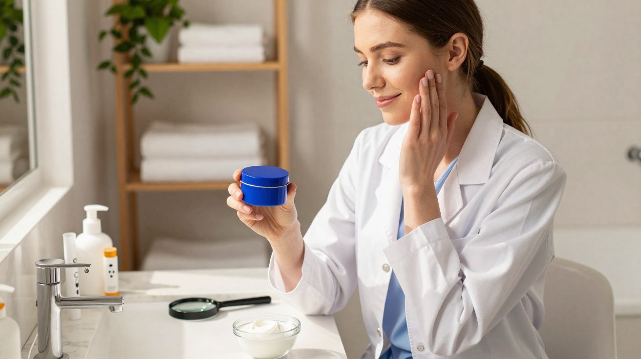Mulher de jaleco aplicando creme facial e segurando pote azul em banheiro moderno.