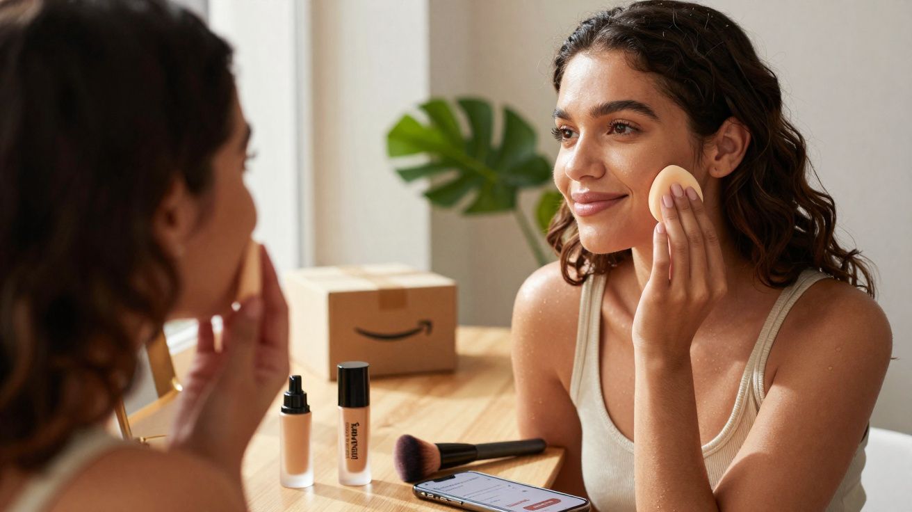 Mulher aplicando base no rosto diante de espelho com produtos de maquiagem na mesa.