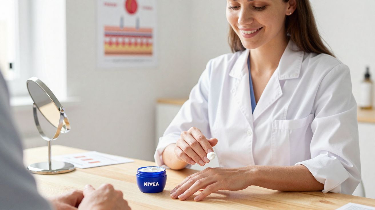 Profissional aplicando creme Nivea nas mãos durante consulta em consultório dermatológico.