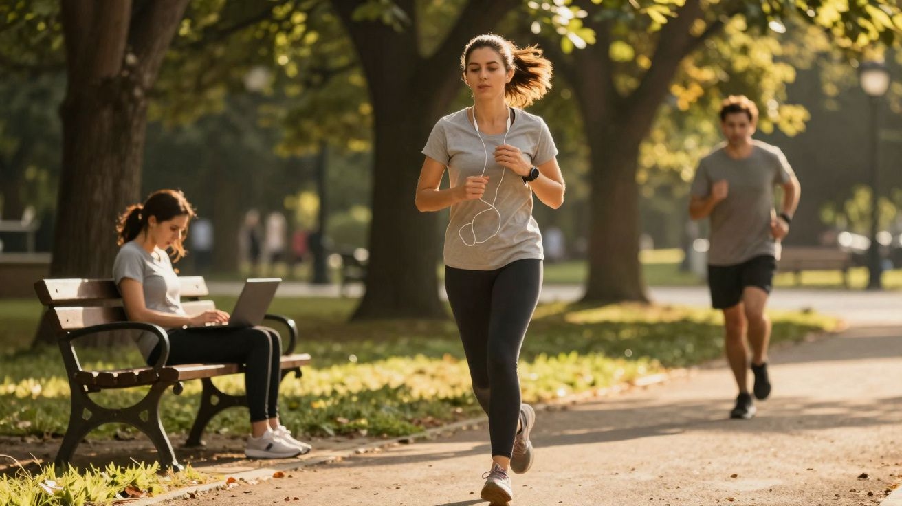 Mulher correndo no parque com fones de ouvido, homem correndo ao fundo e outra mulher sentada no banco com laptop.