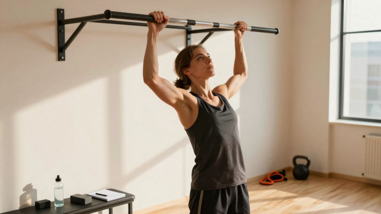 Mulher fazendo exercício de barra fixa em ambiente iluminado por janela grande.