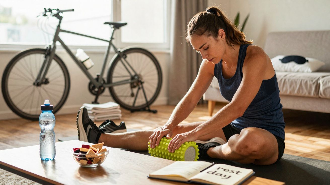 Mulher fazendo alongamento com rolo massageador em casa, ao lado de bicicleta, garrafa d’água e lanche.