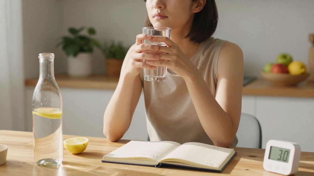 Mulher segurando um copo de água, sentada à mesa com garrafa, relógio e agenda aberta.