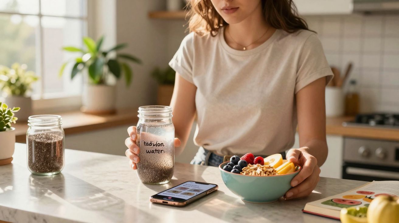 Mulher segurando pote com água e sementes de chia, com tigela de frutas e celular sobre bancada de cozinha.