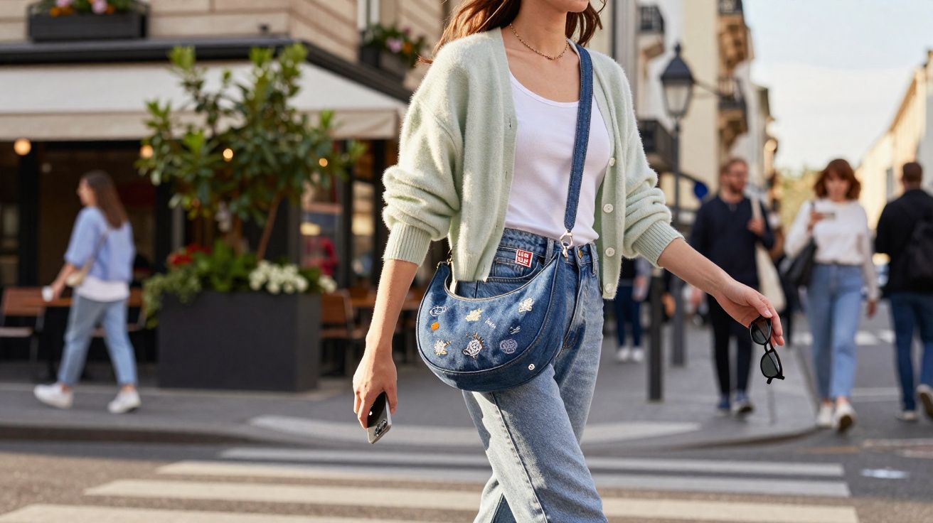 Mulher jovem vestindo suéter verde claro e jeans caminhando na faixa de pedestres em cidade movimentada.