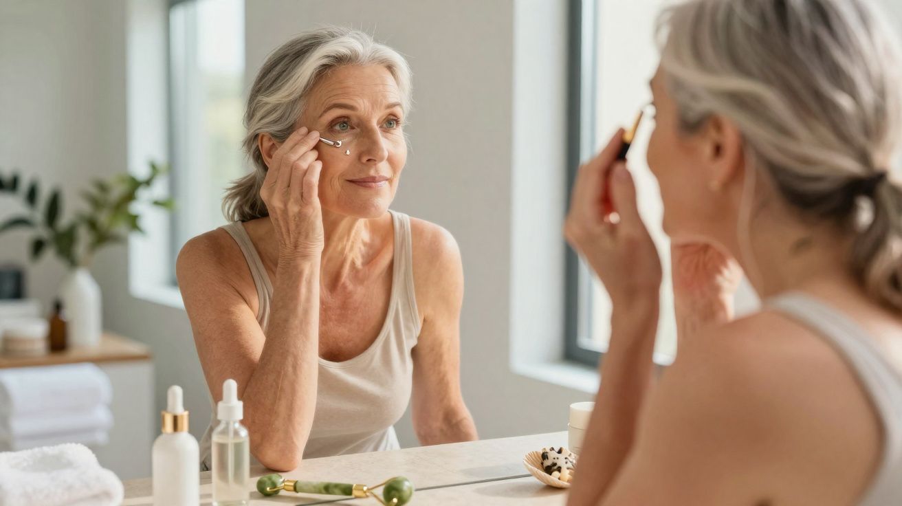 Mulher madura aplicando serum facial com conta-gotas, olhando no espelho em banheiro iluminado.
