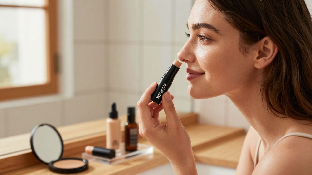 Mulher aplicando corretivo no rosto em frente ao espelho, com maquiagem na bancada ao fundo.