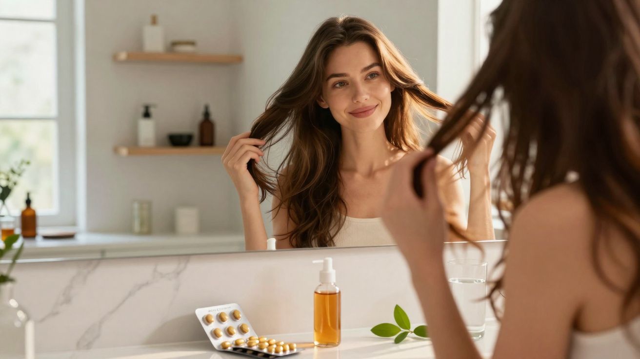 Mulher sorridente olhando no espelho e tocando o cabelo em um banheiro iluminado e organizado.