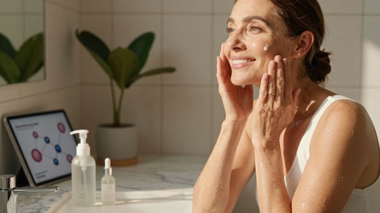 Mulher sorrindo aplica creme no rosto em banheiro iluminado, ao lado produtos de skincare e planta.