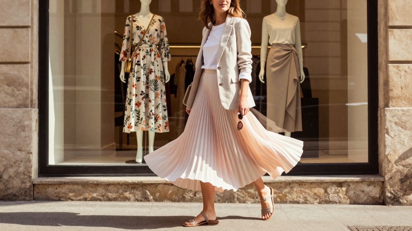 Mulher caminhando com saia plissada e blazer branco em frente a vitrine de loja de roupas femininas.
