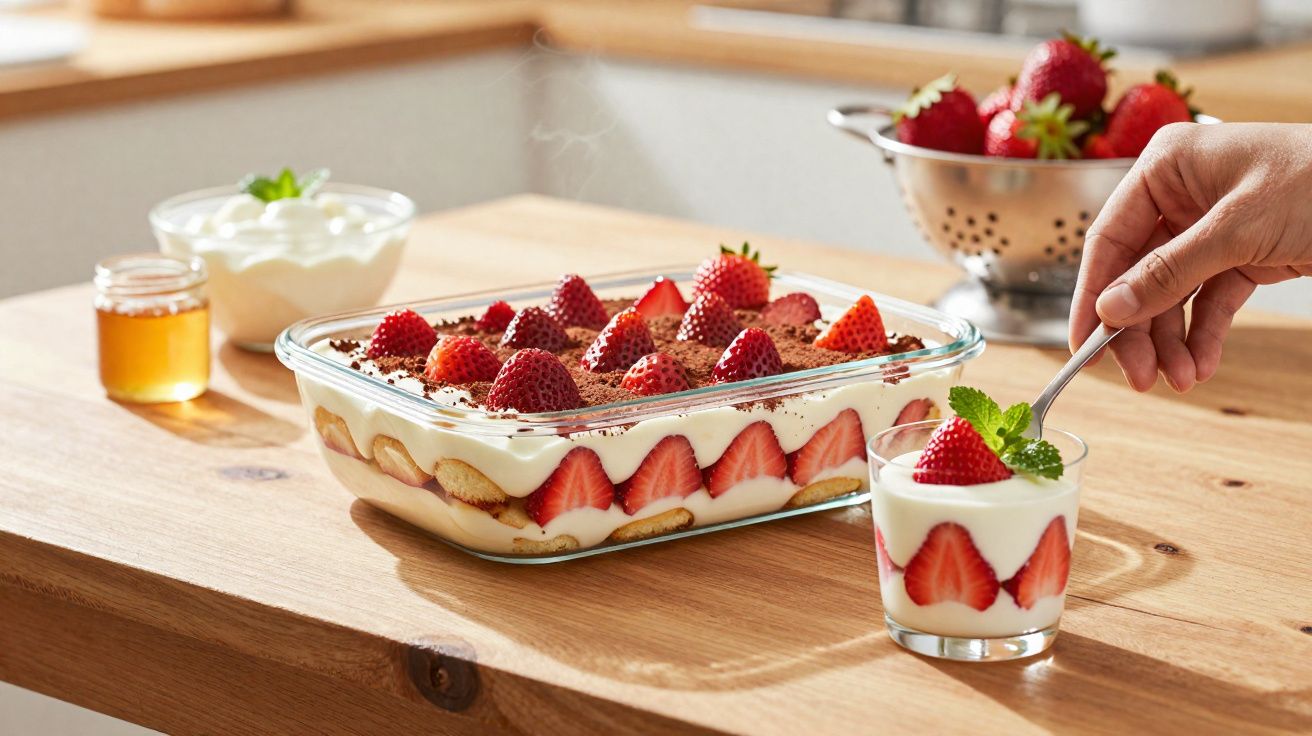 Sobremesa de morango com camadas de creme em recipiente de vidro sobre mesa de madeira.