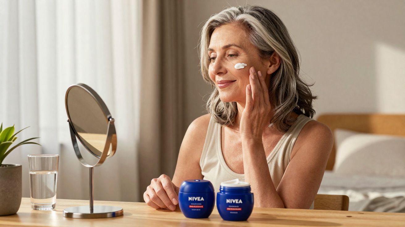Mulher madura aplicando creme facial Nivea, sentada à mesa com espelho e planta ao lado.