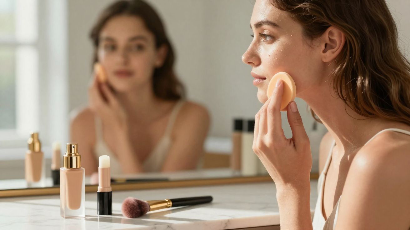 Mulher aplicando maquiagem no rosto com esponja em frente ao espelho, ao lado de produtos de maquiagem.