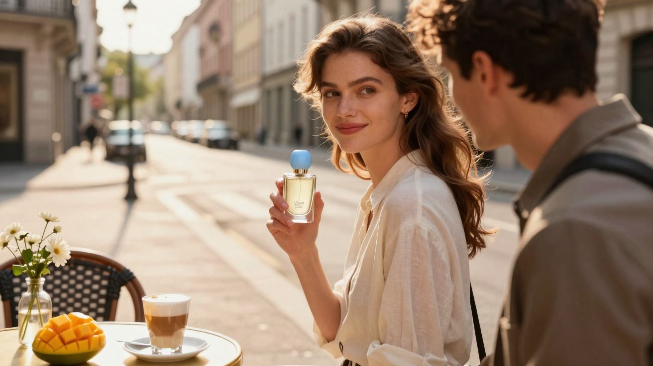 Mulher sorridente segurando perfume em café ao ar livre, com homem ao lado e bebida na mesa.