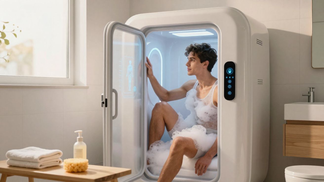 Homem sentado em cabine moderna de banho de espuma em banheiro iluminado por luz natural.