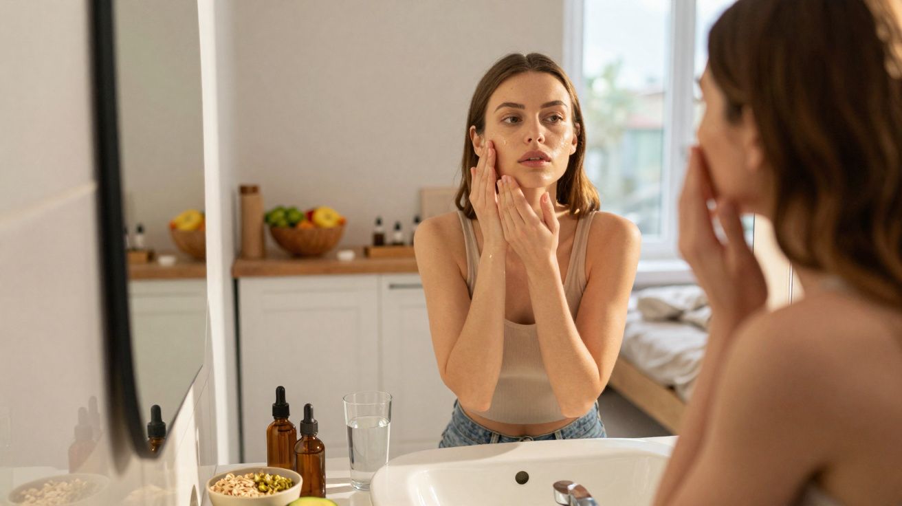 Mulher aplicando creme facial em frente ao espelho no banheiro com frascos de cosméticos na pia.