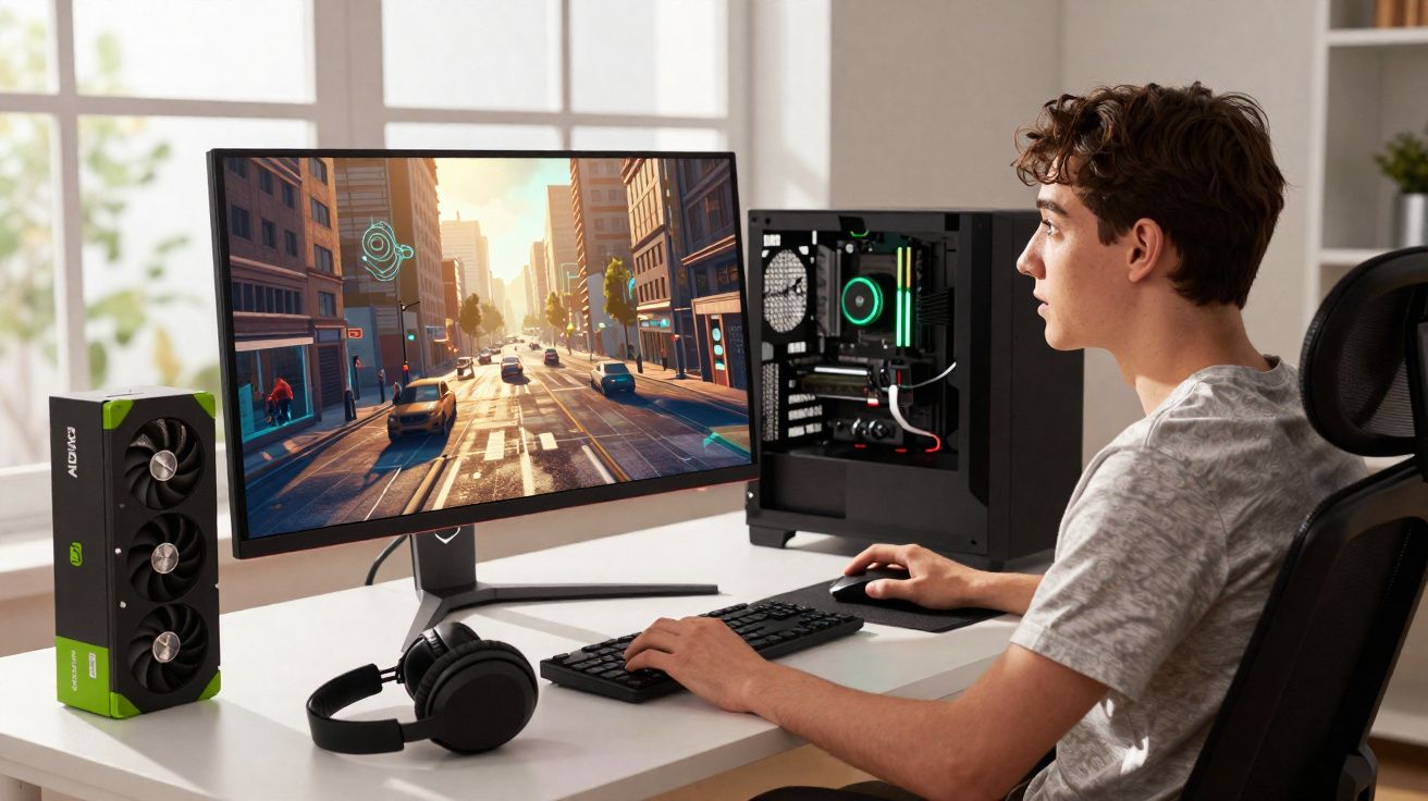 Jovem jogando videogame em PC gamer com monitor grande e gabinete aberto em mesa branca iluminada.
