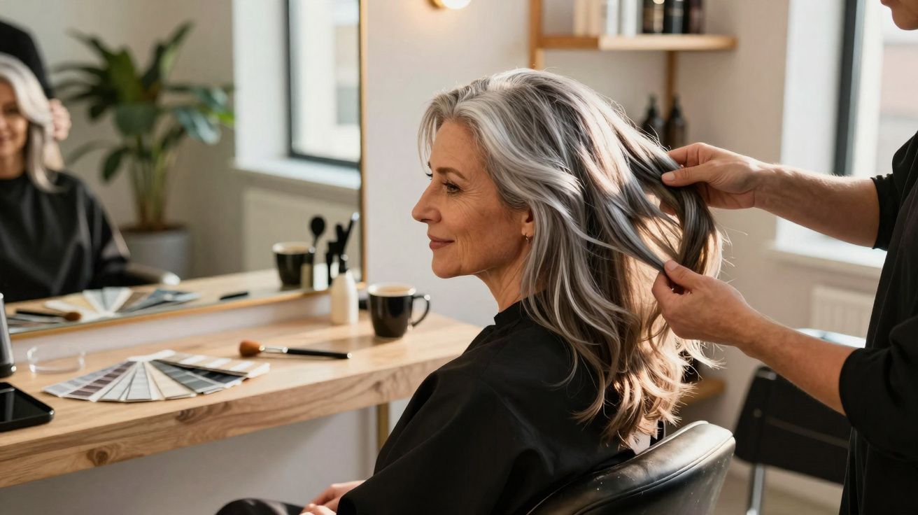 Mulher com cabelos grisalhos sendo cuidada por cabeleireiro em salão de beleza iluminado.