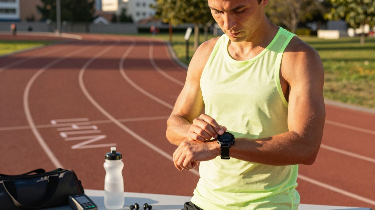 Homem em regata verde verifica relógio esportivo na mão em pista de atletismo ao ar livre.
